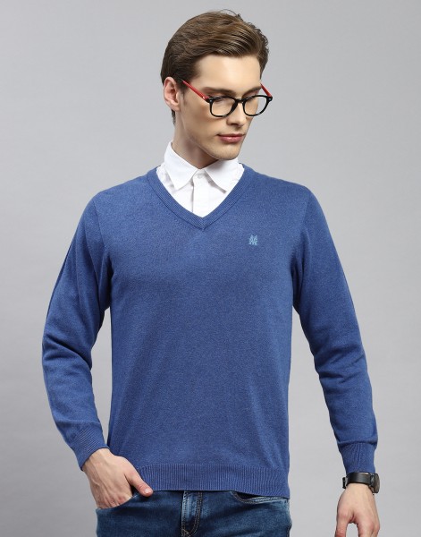 poster and detail of MONTE CARLO Solid V Neck Casual Men Blue Sweater at index 1